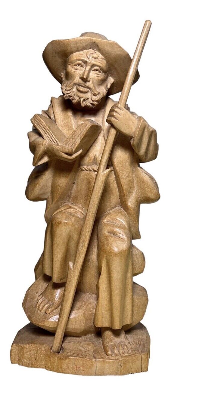 Vtg Antique Hand Carved Folk Art Man Standing Book Beard Hat Reader Stick